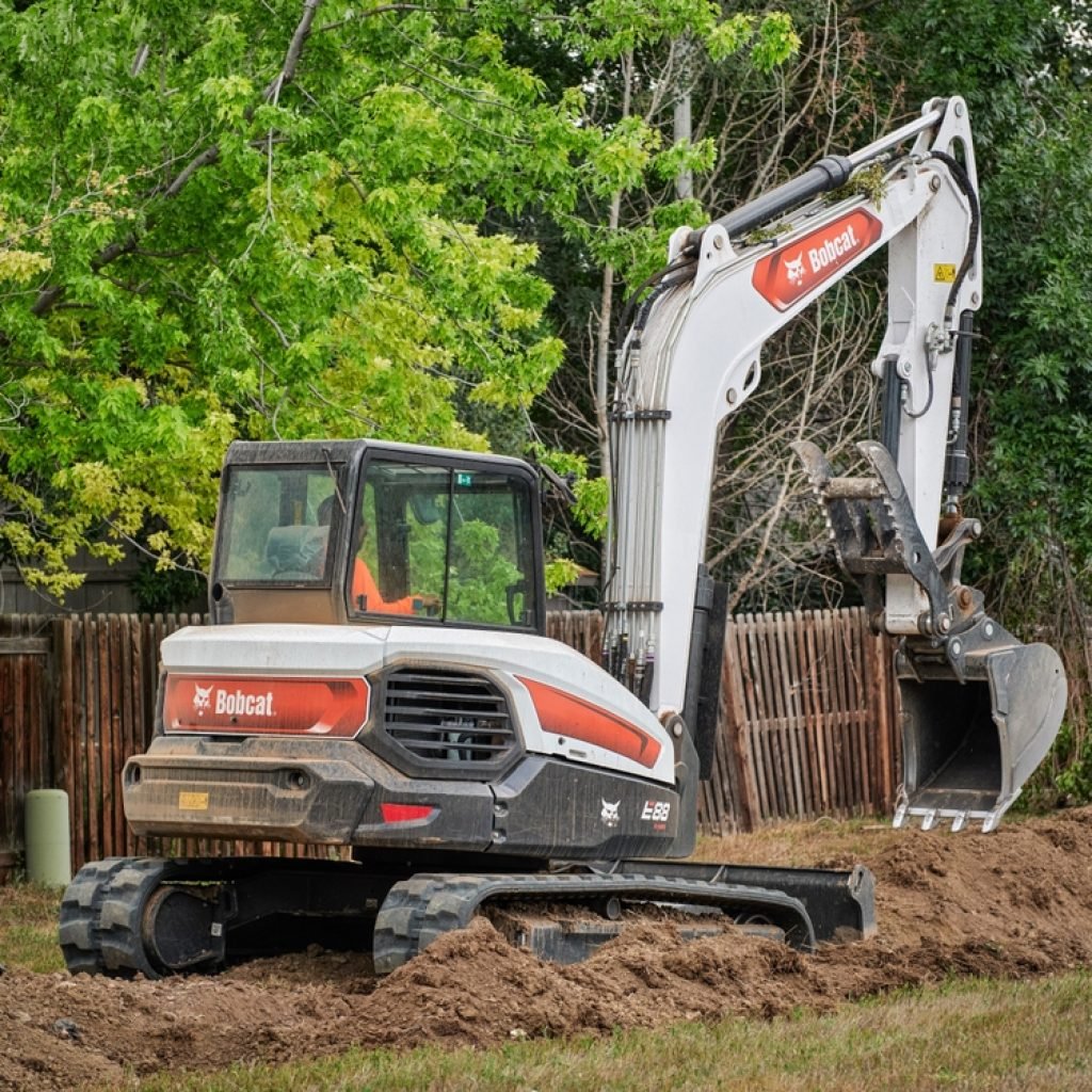 A dry hire excavator in a backyard digging a hole in preparation for a pool.