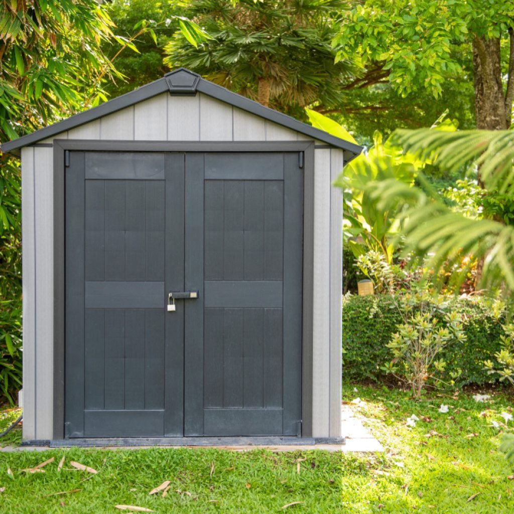 A backyard shed surrounded by plants.