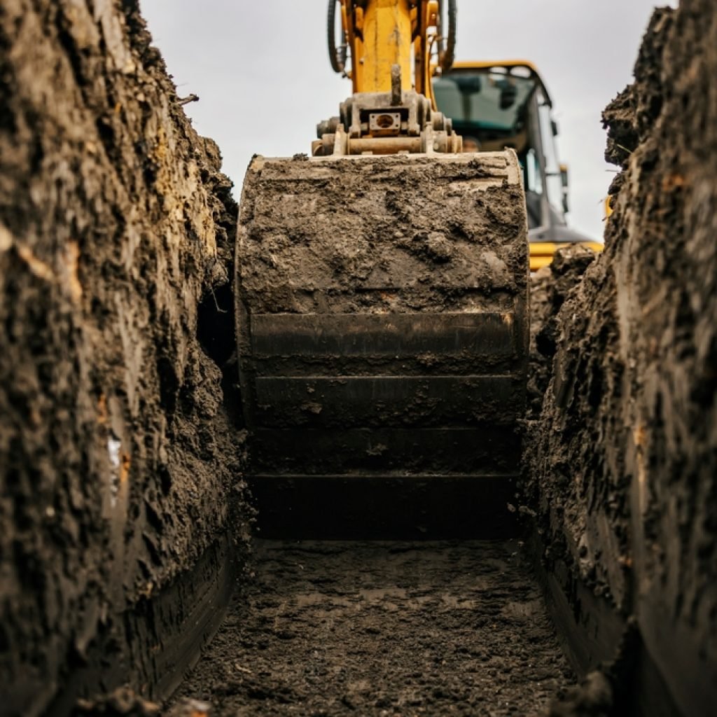 An excavator digging a clean trench.