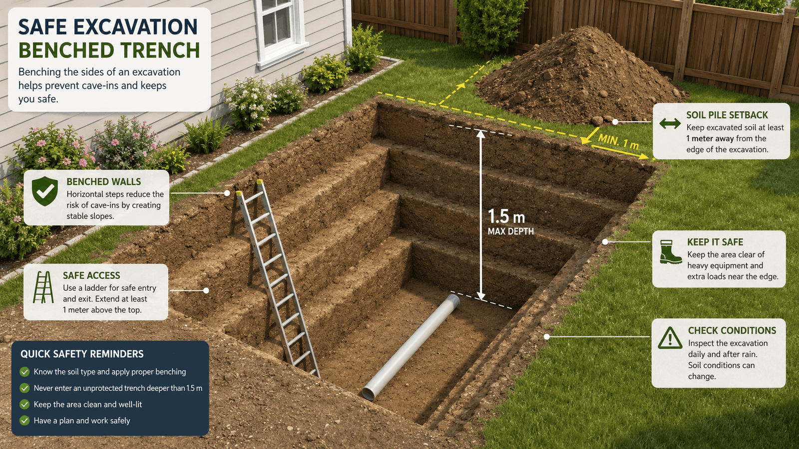Brisbane City Council residential excavation guide showing the 1-metre permit rule and safe trench benching standards for DIY backyard landscaping.